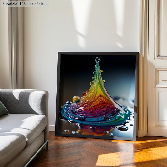 Framed abstract artwork of colorful liquid splash in an elegant, sunlit room beside a grey sofa.