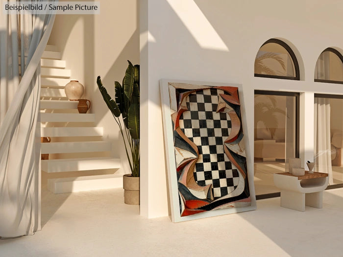 Modern interior with abstract checkered artwork, white stairs, potted plants, and arched windows.