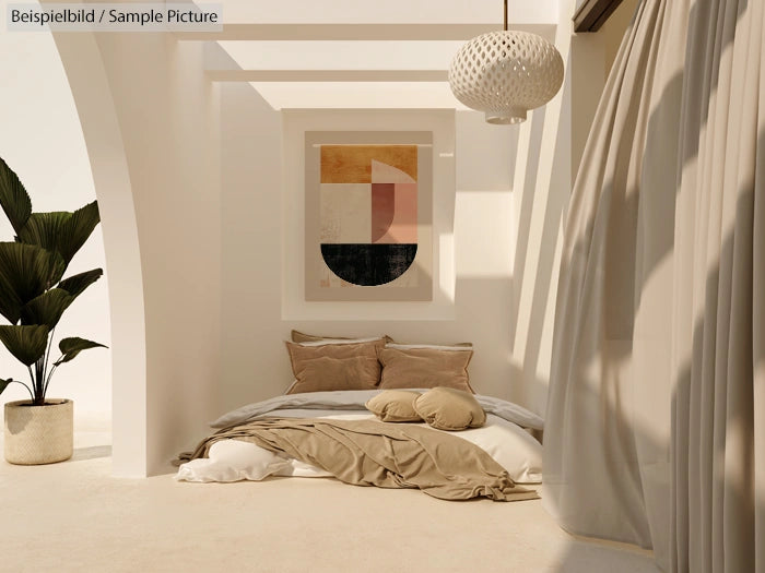 Minimalist bedroom with cozy bedding, abstract wall art, potted plant, and light streaming through curtains.