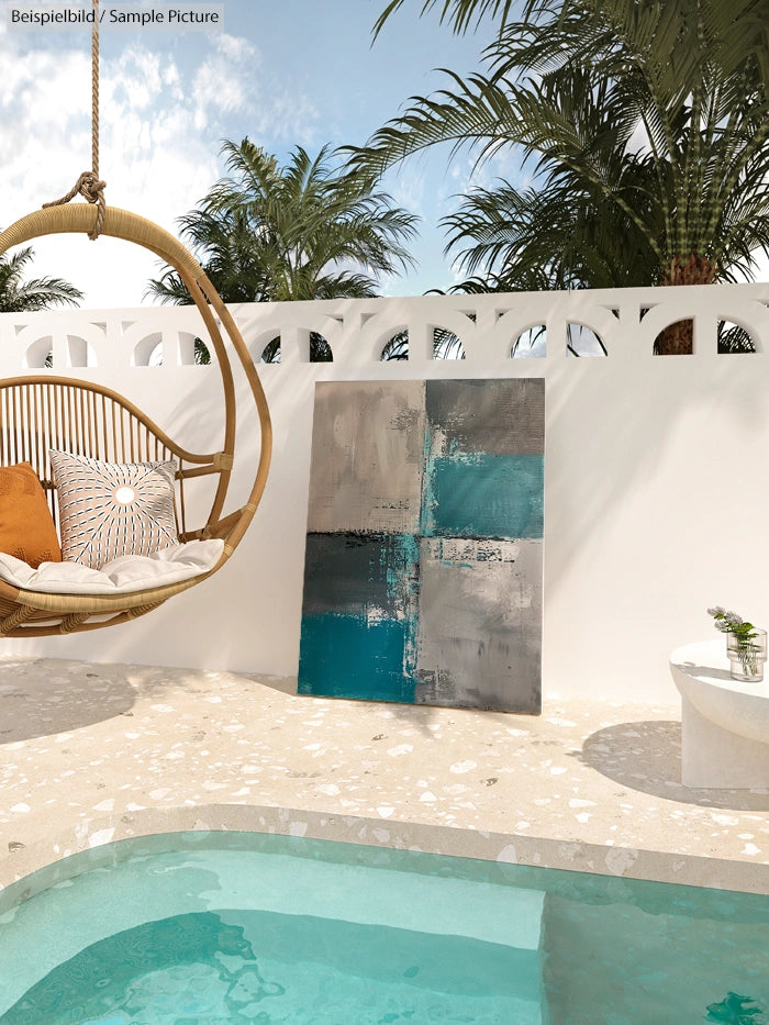 Modern abstract artwork by a poolside with a white fence and palm trees in the background.