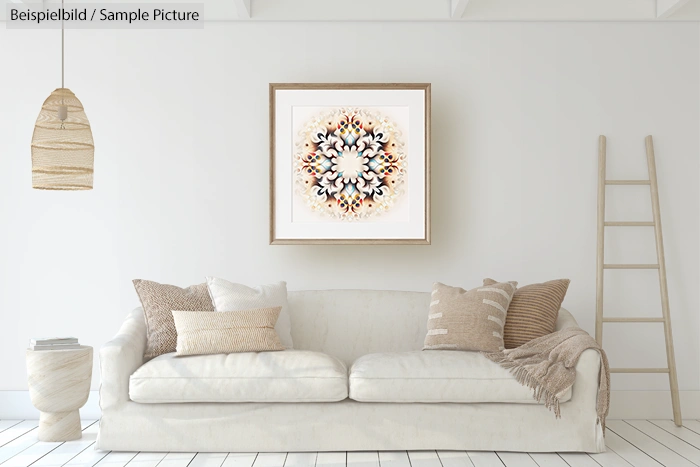 Minimalist living room with beige sofa, decorative pillows, a wooden ladder, and a framed abstract artwork on the wall.