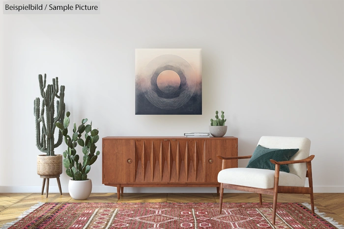 Mid-century modern living room with wooden sideboard, cactus plants, armchair, and circular abstract artwork on wall.