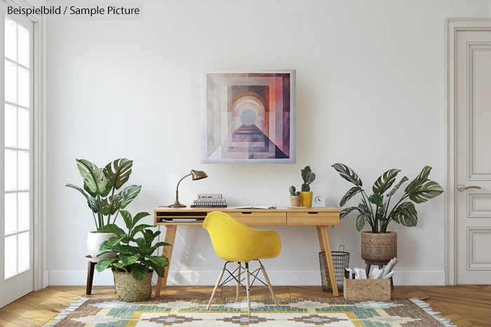 Modern home office with wooden desk, yellow chair, plants, abstract art on wall, and patterned rug.