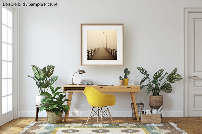 Modern home office with wooden desk, yellow chair, framed art, and lush indoor plants on a patterned rug.