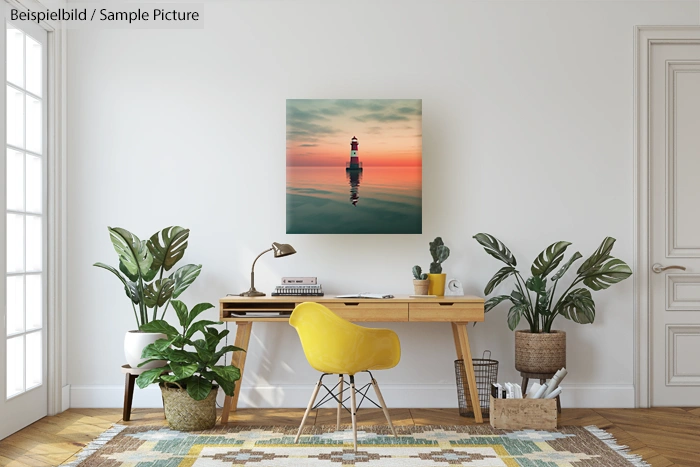 Cozy home office with a wall art of a lighthouse at sunset, wooden desk, yellow chair, and potted plants in a spacious room.