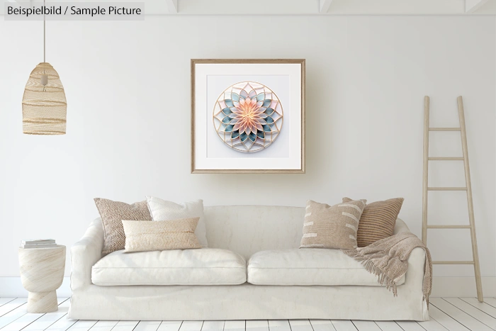 Neutral-toned living room with white sofa, cushions, wall art, pendant light, and decorative ladder.