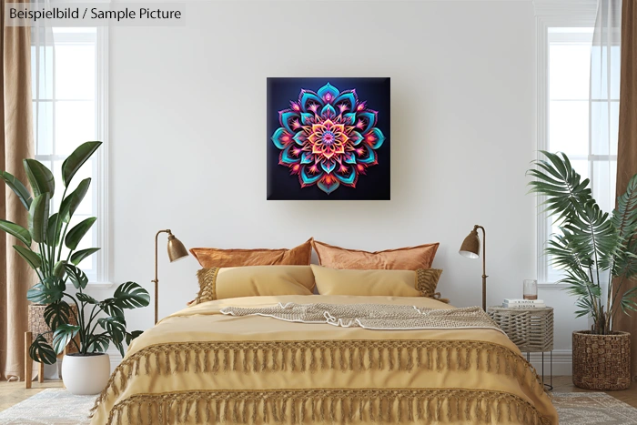 Modern bedroom with decorative mandala art piece above bed, featuring earth-toned pillows and plants on either side.