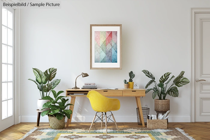 Stylish home office with wooden desk, yellow chair, indoor plants, and geometric art on white wall.