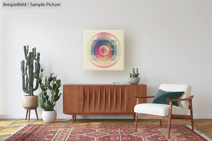 Mid-century modern living room with geometric artwork, wooden sideboard, cactus plants, and a patterned rug.