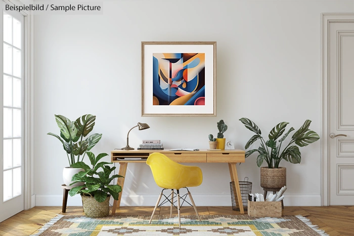 Modern home office with yellow chair, wooden desk, abstract artwork, and potted plants on geometric patterned rug.