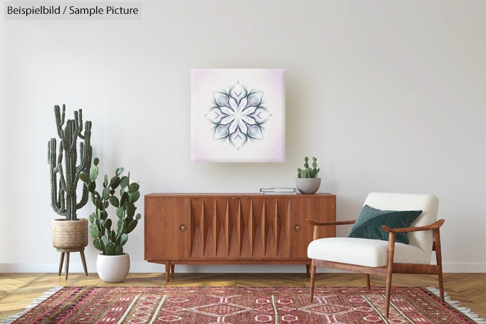 Modern living room with geometric artwork, wooden sideboard, potted plants, armchair, and patterned rug.