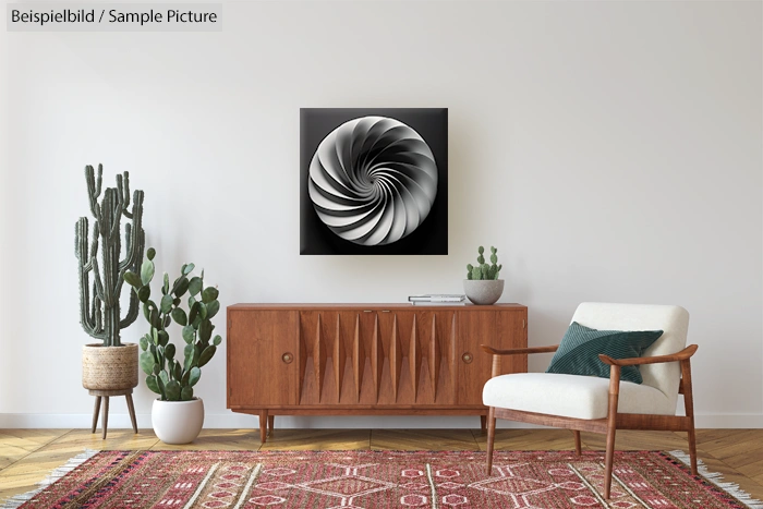 Modern living room with geometric art, wooden console, cactus plants, and a red patterned rug.