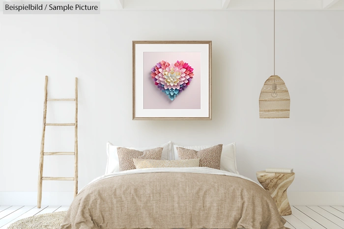 Modern bedroom with neutral tones features colorful heart-shaped wall art above a bed with beige pillows.