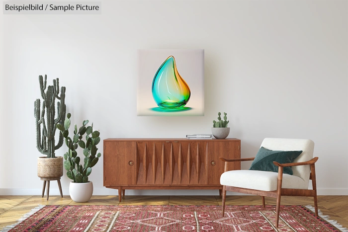 Mid-century modern living room with wooden sideboard, cactus plants, and colorful abstract painting on the wall.