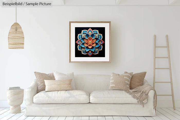 Modern living room with white sofa, pillows, and wall art featuring a vibrant, colorful mandala design.