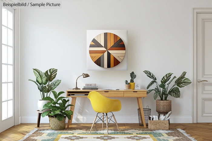 Modern home office with wooden desk, indoor plants, yellow chair, and circular wood art on wall.