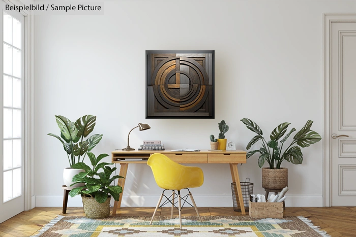 Modern home office with wooden desk, yellow chair, abstract wall art, and potted plants on a patterned rug.