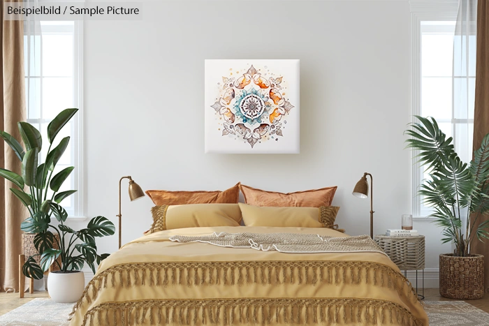 Modern bedroom with beige bedding, decorative pillows, and a mandala art piece above the bed. Indoor plants and lamps.