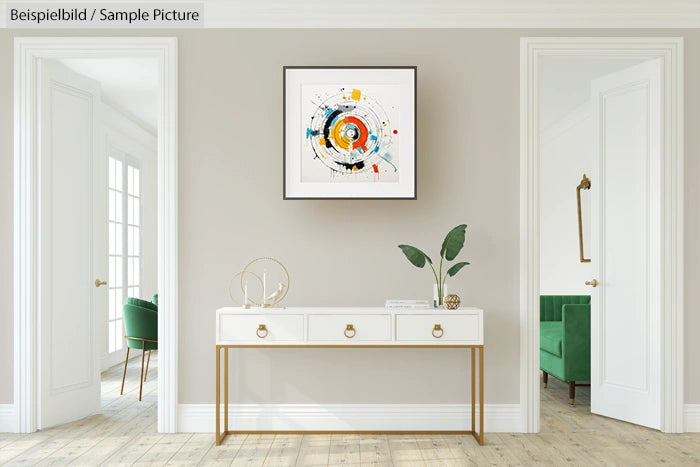 Modern hallway with abstract wall art, white console table, and plants. Two doorways lead to rooms with green furniture.