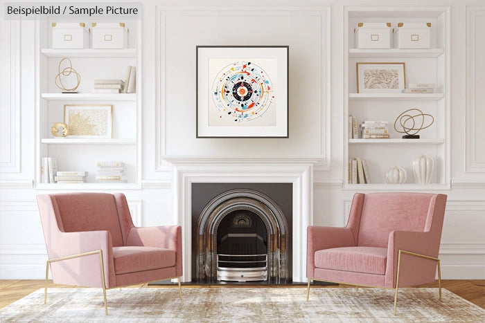 Elegant living room with pink chairs, art piece above fireplace, and decorative shelves.