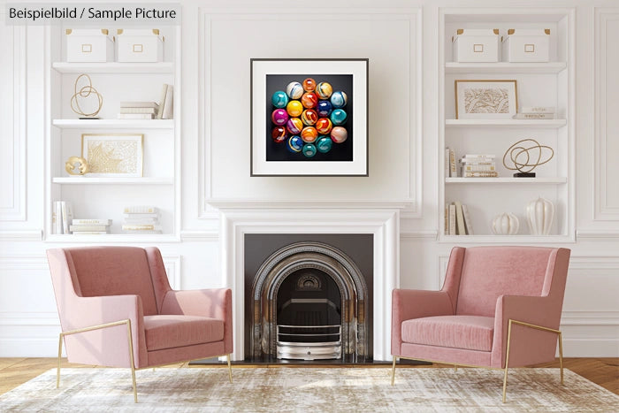 Elegant room with pink chairs, framed colorful balloon art, and a decorative fireplace.