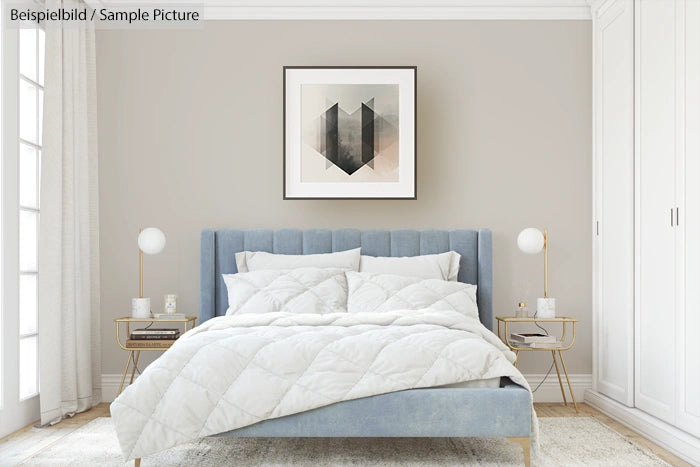 Modern bedroom with a light blue upholstered bed, abstract wall art, and white bedding, flanked by nightstands and lamps.