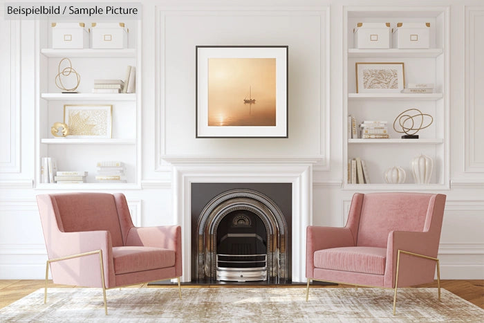 Elegant living room with two pink armchairs, white shelves, and a framed art piece above a decorative fireplace.