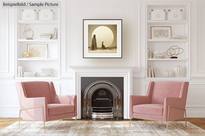 Elegant living room with two pink chairs, a fireplace, and artwork of two figures under a moon. White shelves with decor.