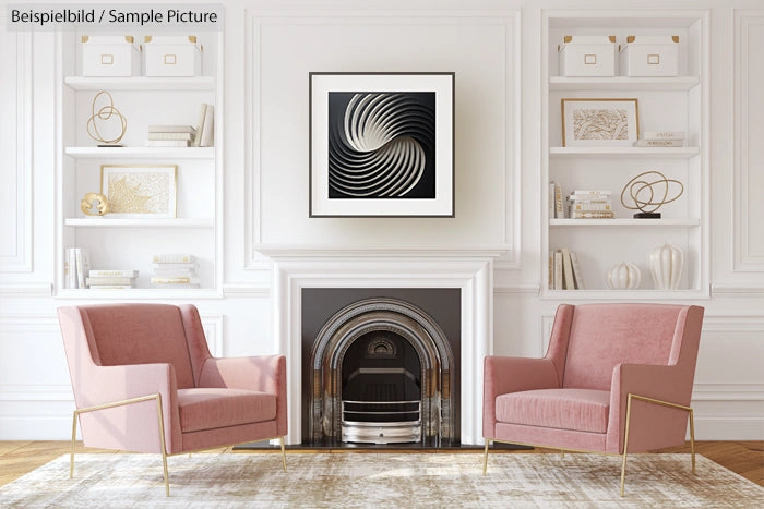 Elegant living room with pink chairs, ornate fireplace, and abstract art above mantel.