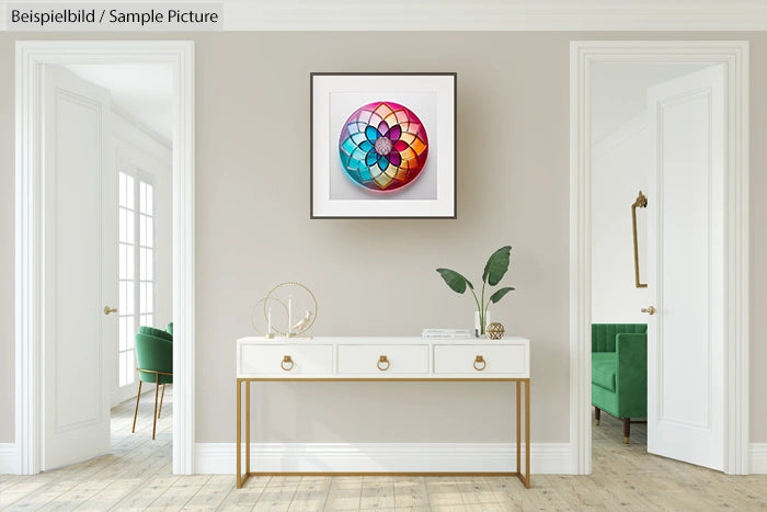 Modern living room with colorful abstract artwork, white console table, and green chairs in the background.