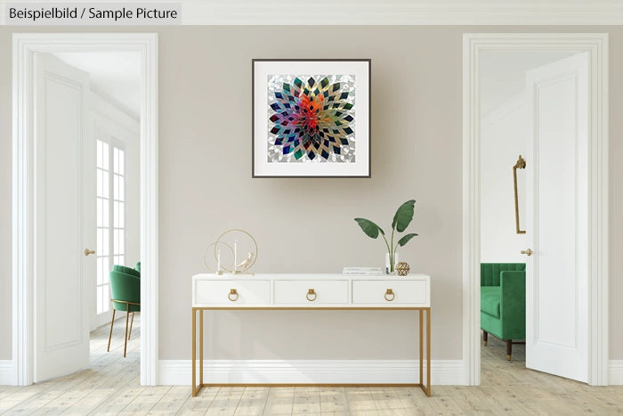 Minimalist hallway with geometric artwork above white console table, flanked by open doors to rooms with green chairs.