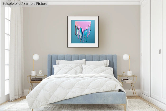 Modern bedroom with a blue upholstered bed, abstract artwork on wall, and two bedside tables with lamps.