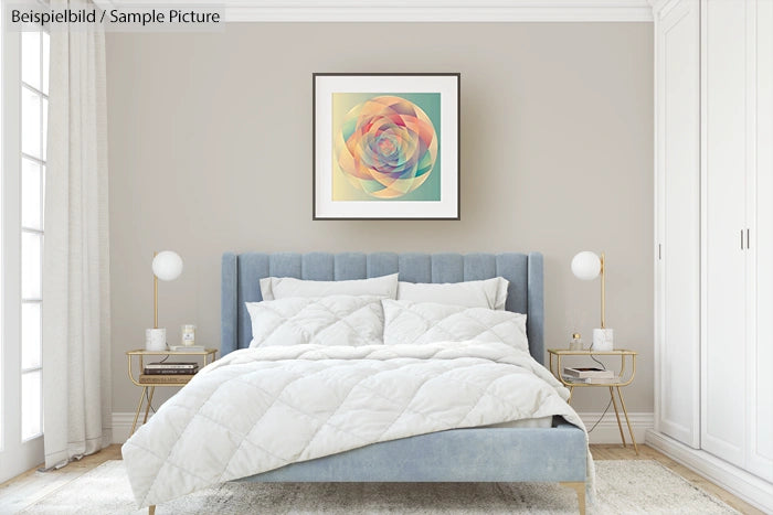 Minimalist bedroom with pastel blue bed, abstract art, and modern white walls.