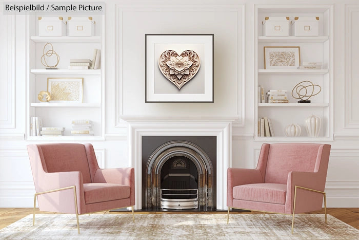 Elegant living room with pink chairs, white shelves, and a decorative heart artwork above a classic fireplace.