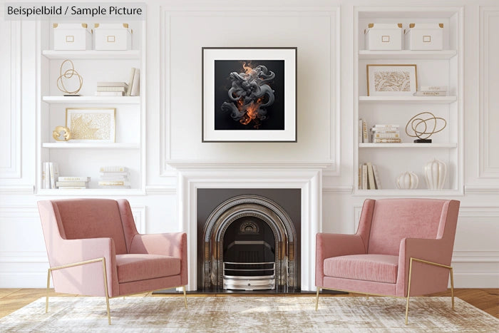 Elegant living room with pink chairs, a fireplace, and abstract art on the wall.