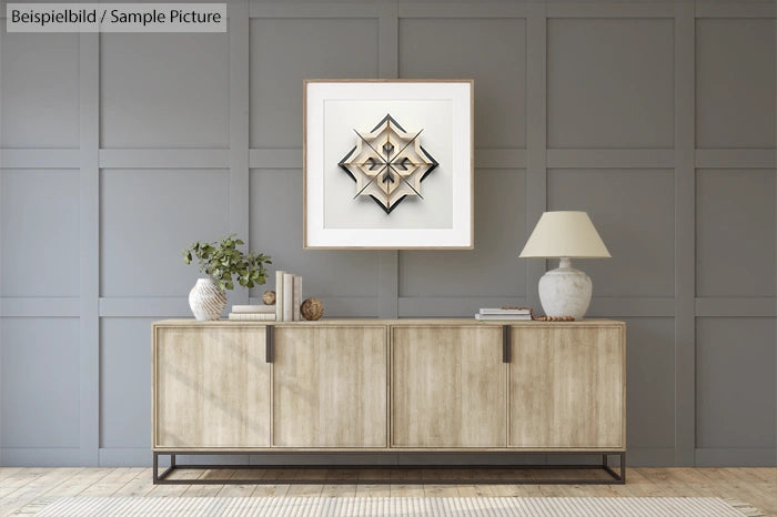 Modern living room with light wood sideboard, decorative plants, and framed artwork on a gray paneled wall.