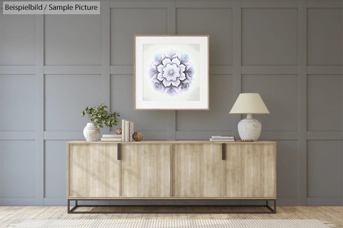 Elegant living room with wooden sideboard, framed floral artwork, lamp, and plant on a textured grey wall.