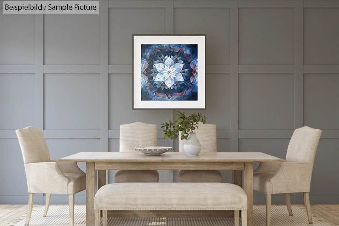 Modern dining room with beige chairs, wooden table, and floral wall art in blue hues.