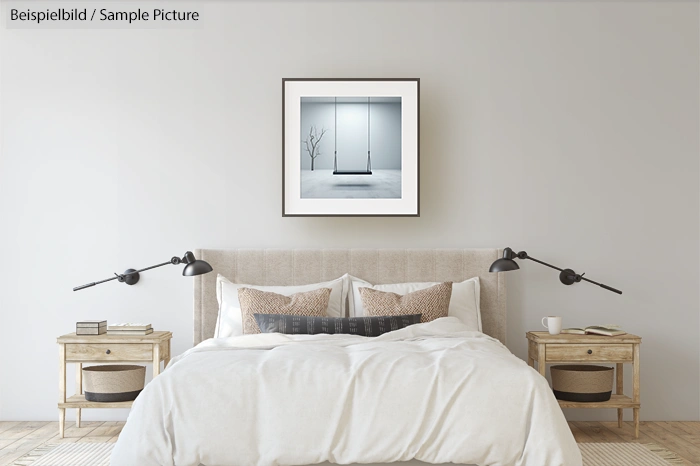 Modern bedroom with bed, two nightstands, wall lamps, and framed art of a tree branch and swing on gray wall.