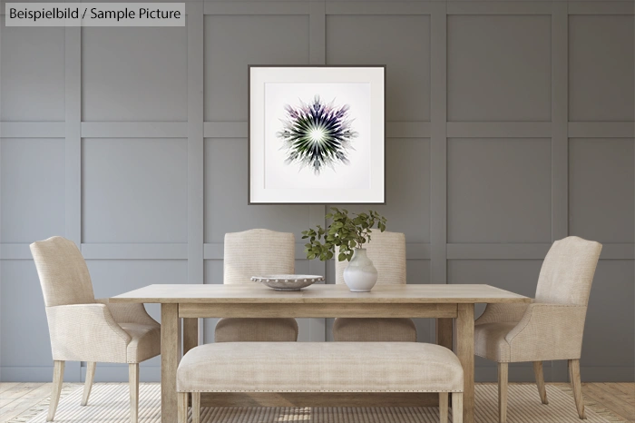 Elegant dining room with beige chairs, wooden table, and abstract floral artwork on gray paneled wall.