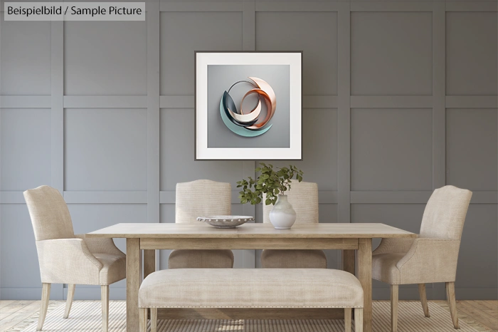 Modern dining room with beige chairs, light wood table, and abstract wall art.