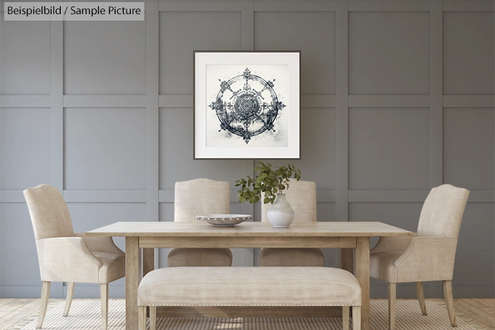 Modern dining room with beige furniture, wooden table, and abstract wall art on gray paneled wall.