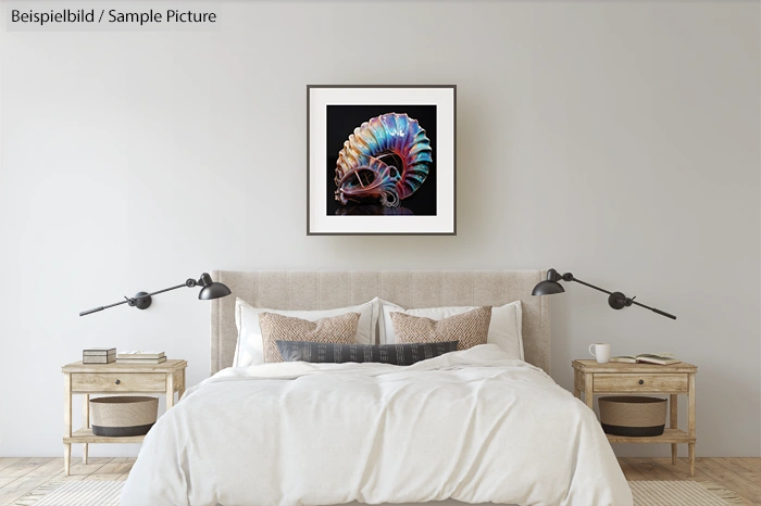 Modern bedroom with neutral decor, featuring a colorful abstract artwork above the bed.