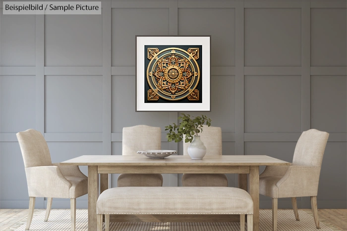 Elegant dining room with wooden table, beige chairs, and a framed mandala artwork on a gray paneled wall.