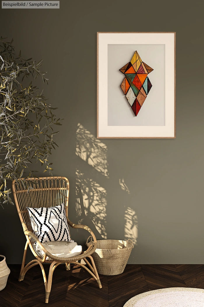 Stylish living room with wicker chair, geometric wall art, olive plant, and basket on wooden floor.