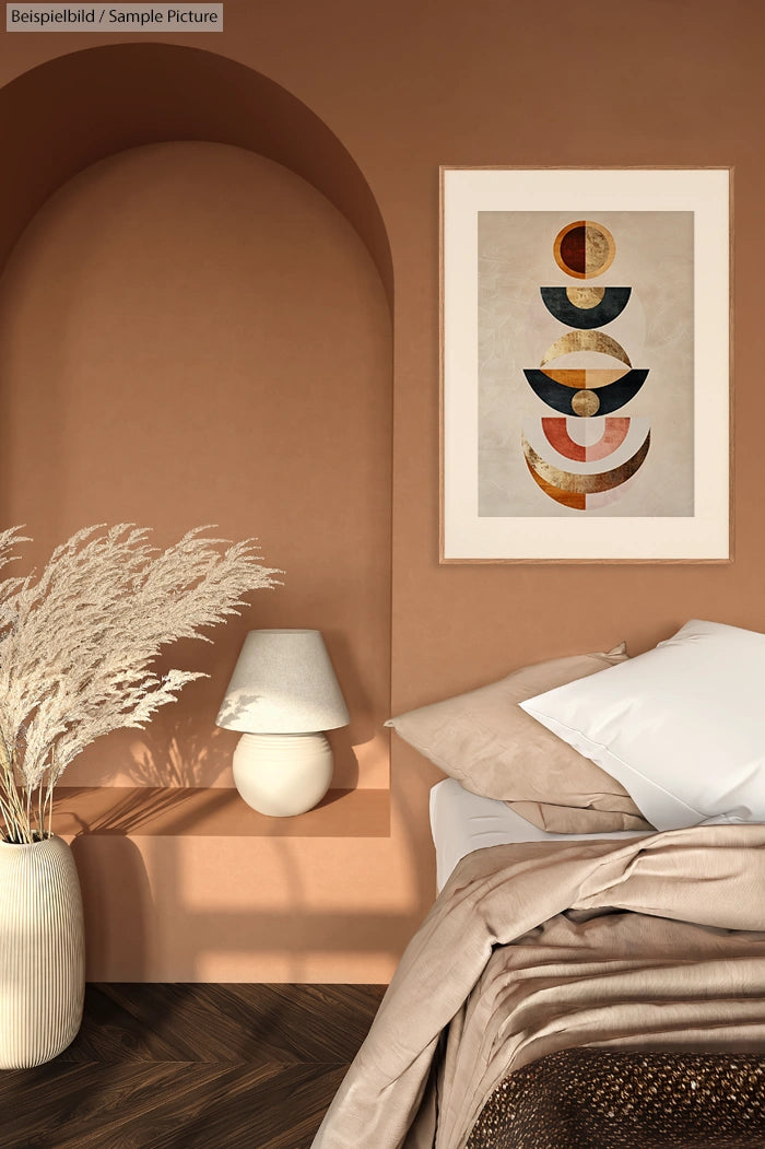 Modern bedroom with terracotta walls, minimal decor, abstract artwork, and a cozy bed with beige and white linens.