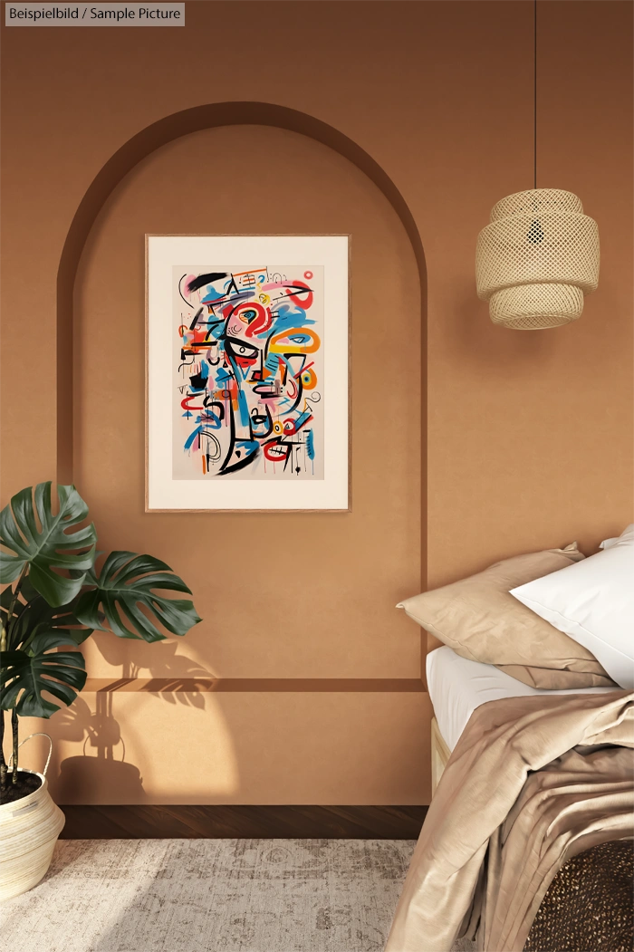 Bedroom interior with abstract art, plant, and pendant light.