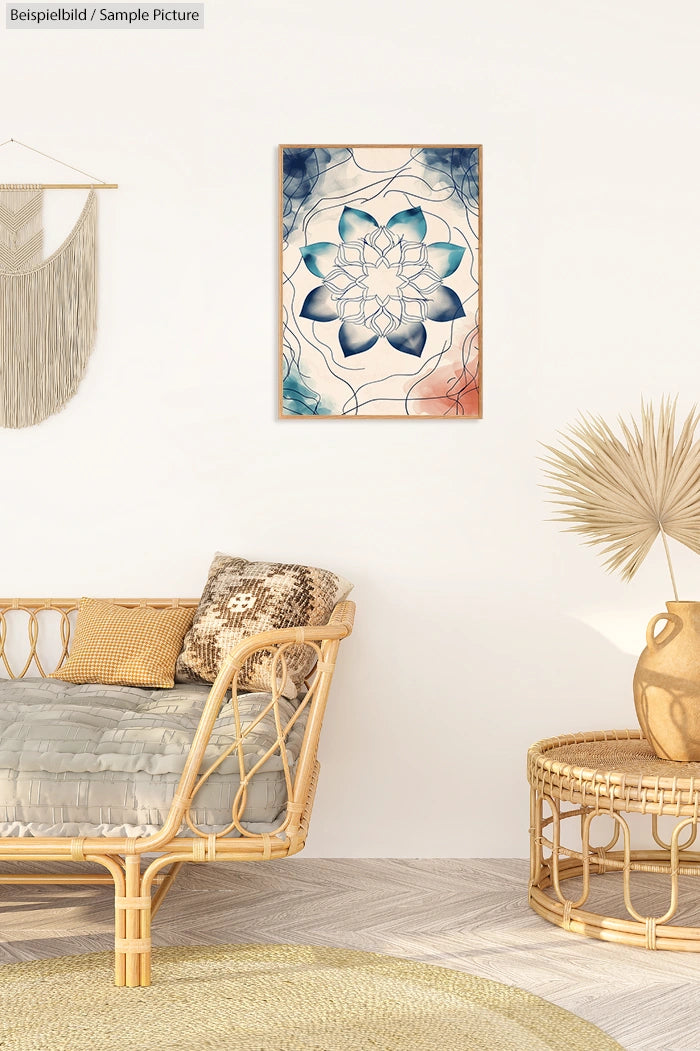 Room with rattan furniture and abstract wall art of a blue flower design on a white and tan background.