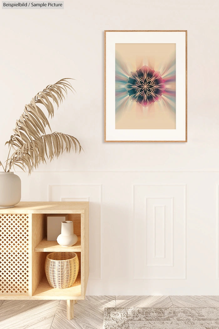 Framed abstract artwork on wall above wooden shelf with vase and wicker basket, minimal decor.