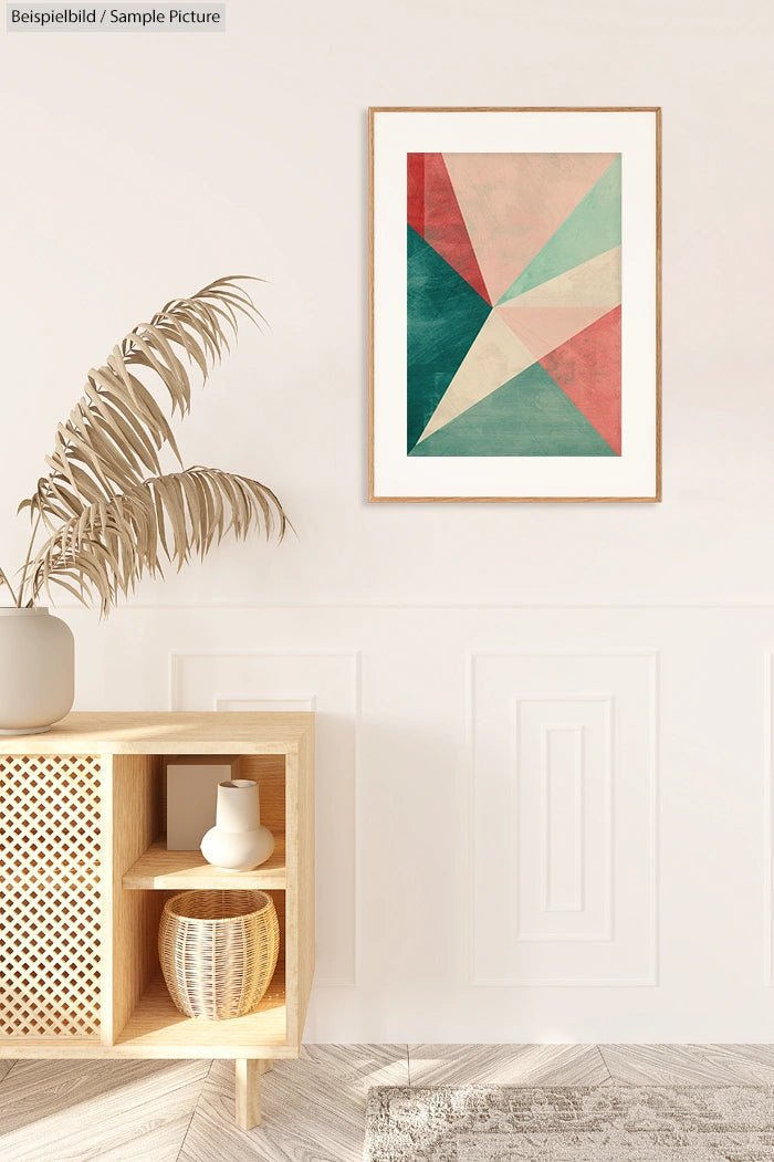 Modern living room with geometric art, wooden console, potted plant, and wicker basket on light wooden floor.